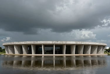 Wide shot of an architectural project in Recife, water reflection, concrete pillars, storm gray sky, minimalist atmosphere.