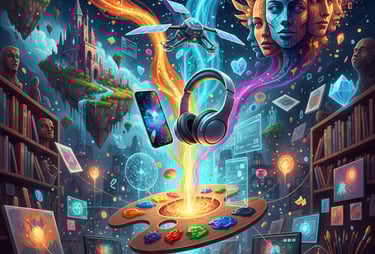 ai digital art studio with a floating paint palette, glowing AI faces, and colorful energy swirls.