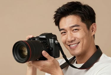 A warm, elegant portrait of a photographer with a kind smile, holding a professional camera. Soft light, tan background. North American / US.