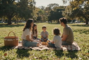 A cinematic wide shot of a family picnic in a North American / US park, sun-drenched lighting with a warm earth brown blanket and soft sand colored basket.