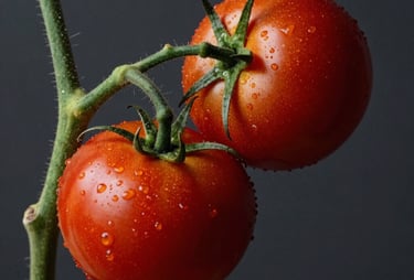 A close-up of a fresh tomato vine against a dark charcoal background. Cinematic lighting, North American artisanal food aesthetic.