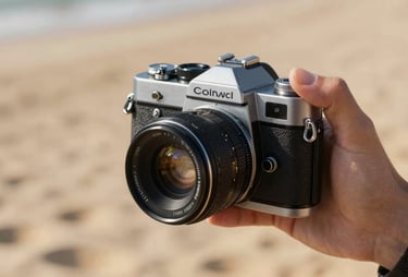 A close-up lifestyle shot of a hand holding a vintage camera against a sun-drenched Soft Sand background.