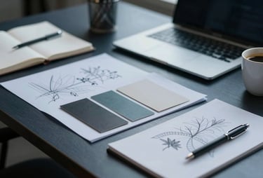 A close-up photograph of a professional graphic designer's desk in a modern International / Western studio, featuring paper samples, sketchbooks, and a coffee cup, moody Dark Slate Blue lighting.