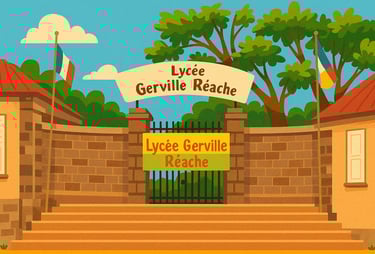 Entrée du Lycée Gerville Réache illustrée “Patrimoine éducatif – Abécédaire de la Caraïbe Guyane