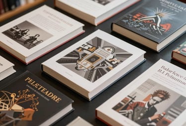 A view from above of several professional art books spread across a dark table in a French library setting.