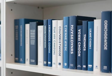 A professional photo of a modern office bookshelf containing business and strategy books. The focus is on the concepts of knowledge and insight. Clean, modern aesthetic with blue and white tones.