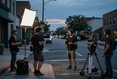 A cinematic wide shot of a professional film production crew on a North American city street at twilight. Large lighting rigs and high-end cinema cameras are visible, casting a moody blue and charcoal glow over the scene.