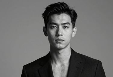 A black and white high-fashion portrait of P.E.P YLS with sharp lighting and deep shadows in #0A0A0A, emphasizing his confident expression.