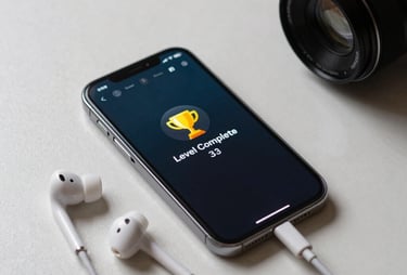 A clean photograph of a smartphone and a pair of earbuds on a minimalist desk. The phone shows a game's 'Level Complete' screen with a trophy icon.