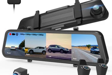 A 10-inch mirror dash cam system with four 1080p cameras and a GPS module for car security.