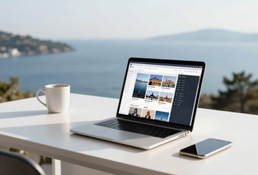 A minimalist workspace overlooking the Aegean sea in Bodrum with a laptop open to a social media dashboard. High key lighting. Turkish / Aegean Coast.