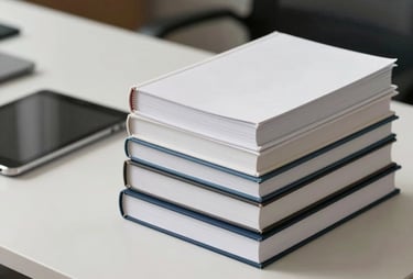A professional photograph of a stack of clean business books and a tablet on a modern off-white desk in a North American office.