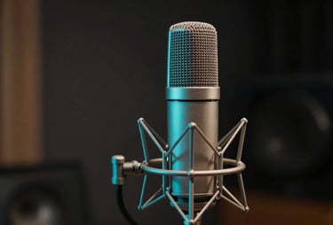 A close-up shot of a high-end vintage condenser microphone in a dimly lit studio, with soft neon cyan light reflecting off its metallic surface. Dark charcoal background, cinematic atmosphere in a South American / Colombian recording studio.