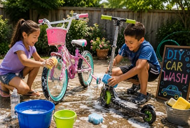 A DIY bike and scooter wash in the backyard.