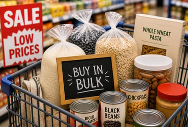 A shopping cart of groceries that are on sale will hekp you save money