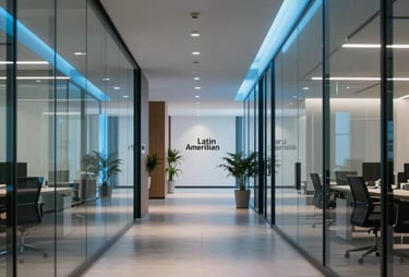 Modern office hallway with glass walls and neon blue lighting accents. Cinematic and professional tech atmosphere in a Latin American business center.