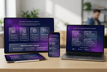 A laptop, tablet, and smartphone on a wooden desk displaying digital marketing agency service web pages.