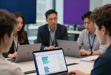 A group of professional software engineers collaborating in a bright, modern glass-walled conference room in a North American &amp;amp;amp;#x2F; International tech hub. Soft natural light illuminates a high-end laptop displaying a clean analytics dashboard, while elegant dark blue and deep purple design accents are visible in the background.