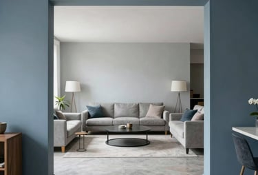 Clean and bright architectural photography of an open-plan living area with slate blue and light gray interior decor.