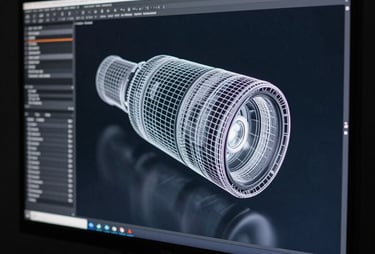 A close-up photograph of a professional monitor displaying a complex 3D wireframe. The studio environment is dark navy, with the monitor's light gray glow reflecting on the surface.