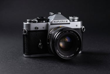 A close-up photograph of a vintage film camera resting on a clean midnight black surface, elegant and minimalist lighting, North American / European studio setting.