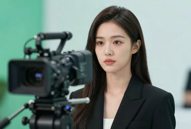 High-quality video production scene, a professional camera rig focused on a talented actress, soft bokeh background, agency-level production, featuring #1A5E63 highlights.