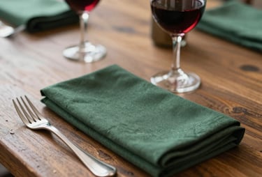A close-up of a rustic North American dinner table with forest green napkins and crimson wine, warm lighting and sophisticated vibes.