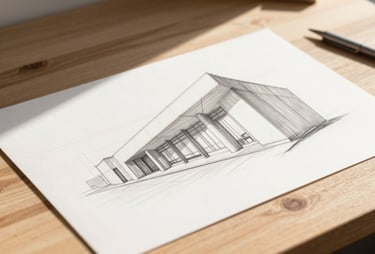 A sun-drenched architectural drawing on a wooden table, featuring soft shadows and clean pencil lines, incorporating hints of #F9F6EE and #8D6B5F.
