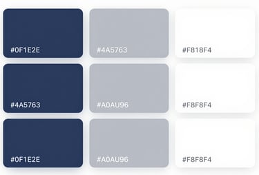 A collection of color swatches in #0F1E2E, #4A5763, #A0A696, and #F8F8F4 arranged neatly as a strategic brand palette.