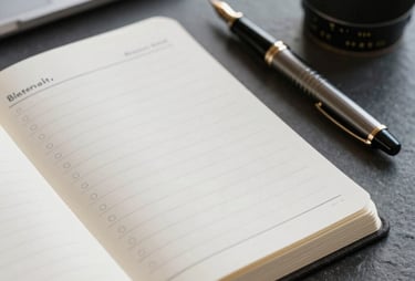 A close-up of an open planner and a vintage fountain pen on a slate desk, symbolizing the planning and integrity of the creative process in a Lisbon office.