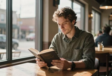 A cinematic lifestyle shot of a man reading a book in a North American cafe with large windows. Warm, sun-drenched lighting and authentic storytelling atmosphere.