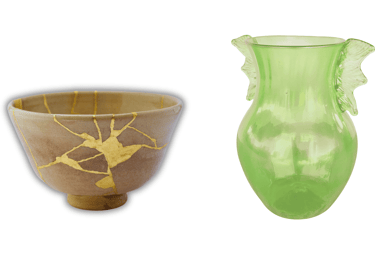 Ceramic pot on the left and uranium glass vase on the right.