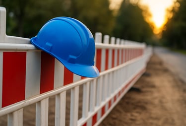 Schutzhelm an Baustellenabsperrung – UFT Bau GmbH Tiefbau Berlin