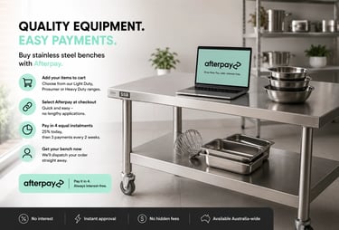 Easy interest-free payments for stainless steel benches using Afterpay.