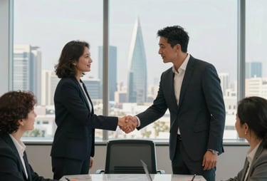 A photograph of a modern office meeting room where a client and a contractor are shaking hands over a marble table. The background shows a view of the Riyadh skyline through floor-to-ceiling windows.