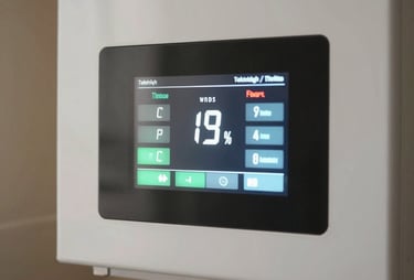 Close-up photography of a pristine boiler control panel screen displaying ideal heating indicators inside a modern warm home in Tekirdağ / Thrace, Turkey. Natural soft lighting, friendly vibe.