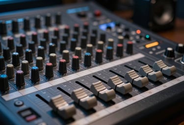 A professional close-up photograph of a high-end audio mixing console fader in a dim studio setting. The lighting is moody with hints of dark navy and muted blue, highlighting the metallic texture and technical precision of the equipment. Southern European / Spanish studio context.