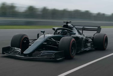 Carro de Fórmula 1 em alta velocidade demonstrando tecnologia e aerodinâmica avançada,