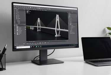 Photography of a clean, minimalist workstation with a large monitor showing a CAD software design of a bridge and a professional laptop next to it.
