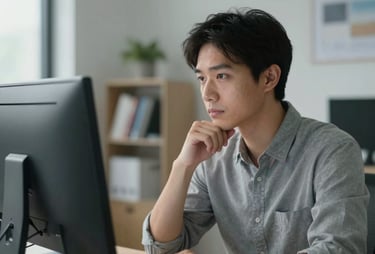 A person looking thoughtfully at a computer screen in a bright office, with a soft-focus background of books and professional decor. North American / US context.