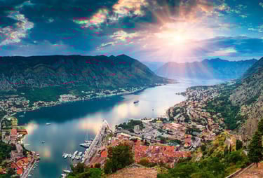Aerial sunset view of Kotor old town in Montenegro