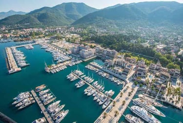 Aerial View of Porto Montenegro Marina where super yachts are moored