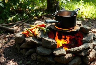 rocket stove made from stones with pot simmering above flames