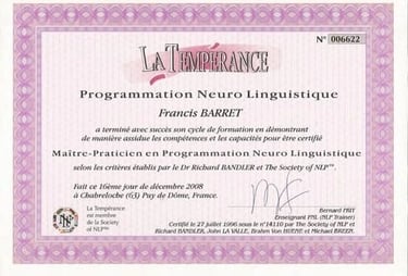 Diplôme de Master en Programmation Neuro Linguistique (PNL) de Francis BARRET délivré par L'I.E. PNL