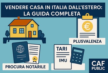 Illustrazione vettoriale in stile CAF Public per l’articolo “Vendere Casa in Italia dall’Estero”, con elementi fiscali come p