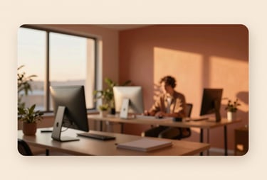 Wide cinematic shot of a modern, warm studio at golden hour. A software developer is visible in the background, focused and content. The palette features Terracotta (#8C5845) and Soft Sand (#F7F4E9).