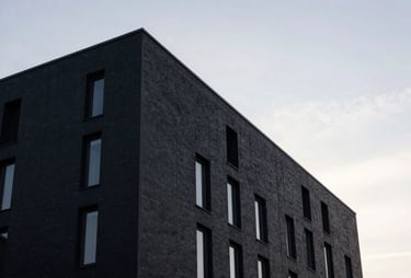 View of a contemporary black building facade against a pale morning sky in Northern Europe, sharp geometric angles, minimalist aesthetic.