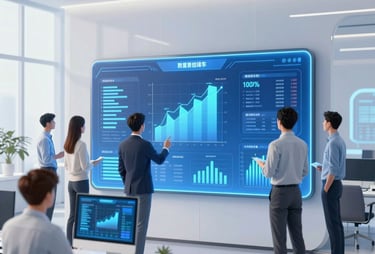 A sleek, minimalistic workspace with a laptop displaying data charts and a notebook beside it.