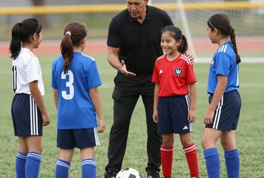Smiling children playing soccer together on a sunny field.