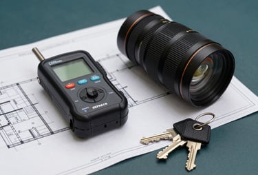 A technical photograph of a film set structural plan beside a professional light meter and a set of master keys on a dark teal surface. Professional and artistic lighting.